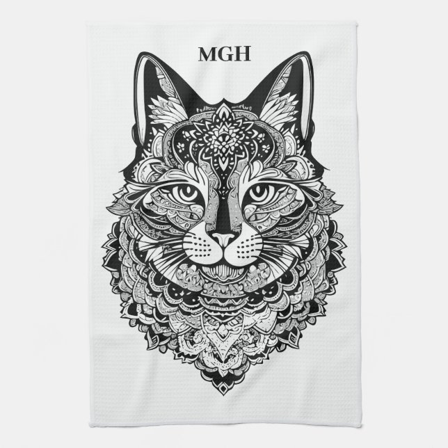 Anpassningsbar Monogram Ornamental Cat Kökshandduk (Vertikal)
