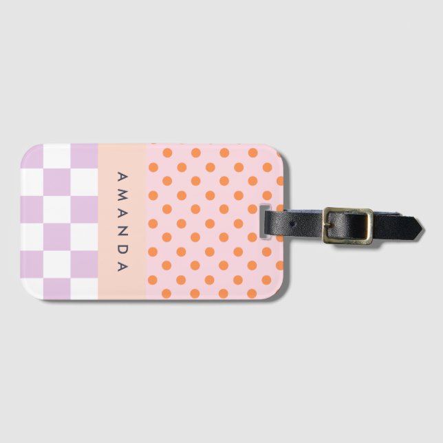 Anpassningsbar Monogram Pastel Polka Dot Lilac Che Bagagebricka (Framsida horisontal)