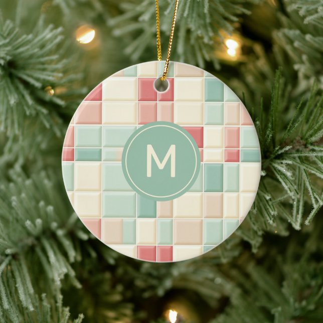 Anpassningsbar Monogram Pastels Mönster Faux Ceram Julgransprydnad Keramik (Träd)