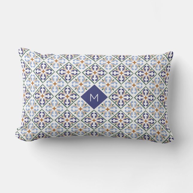 Anpassningsbar Monogram Portugisiska Tiles Mönster Lumbarkudde (Framsida)