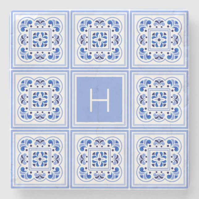 Anpassningsbar Monogram Portugisiska Tiles Mönster Stenunderlägg (Framsidan)