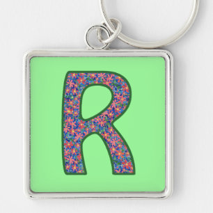 Anpassningsbar Monogram R Keychain, Ditsy-Blommöns Fyrkantig Silverfärgad Nyckelring