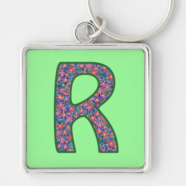 Anpassningsbar Monogram R Keychain, Ditsy-Blommöns Fyrkantig Silverfärgad Nyckelring (Framsidan)