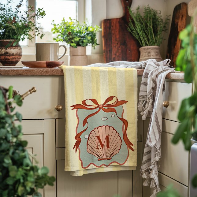Anpassningsbar Monogram Retro-kustseashell Kökshandduk (Skapare uppladdad)