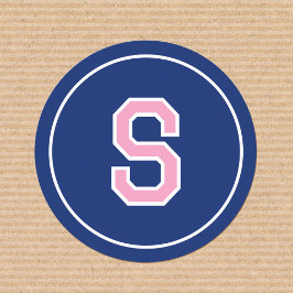 Anpassningsbar Monogram Retro Typography Navy Rosa Runt Klistermärke