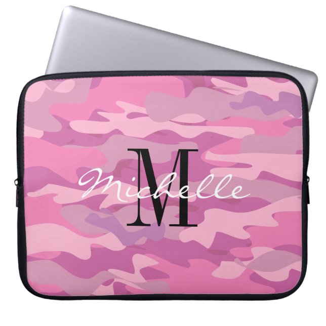 Anpassningsbar, monogram, rosa armékamera laptop s laptop sleeve (Framsidan)