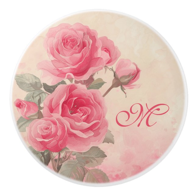 Anpassningsbar Monogram Rosa Blommigt Ceramic Knob Knopp (Framsidan)