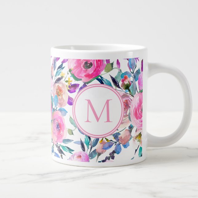 Anpassningsbar Monogram Rosa Blommigt Jumbo Mugg (Höger)