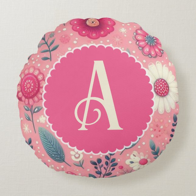 Anpassningsbar Monogram Rosa Enchanted Blooms Rund Kudde (Framsidan)