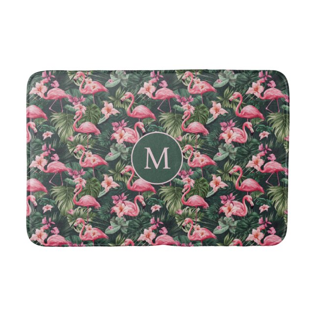 Anpassningsbar Monogram Rosa Flamingos Tropical Mö Badrumsmatta (Framsidan)