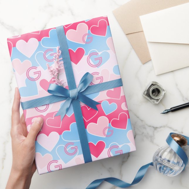 Anpassningsbar Monogram Rosa och Blue Heart Modern Presentpapper (Gifting)
