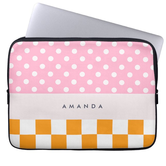 Anpassningsbar Monogram Rosa Orange Polka - punktk Laptop Fodral (Framsidan)