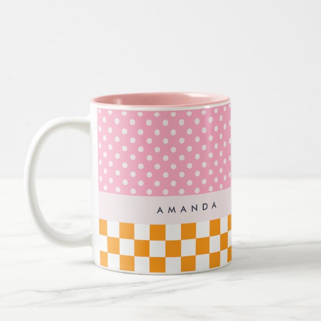 Anpassningsbar Monogram Rosa Orange Polka - punktk Två-Tonad Mugg (Vänster)