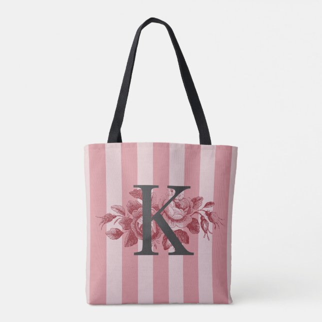 Anpassningsbar Monogram Rosa Ränder Kålrosor Tygkasse (Baksida)