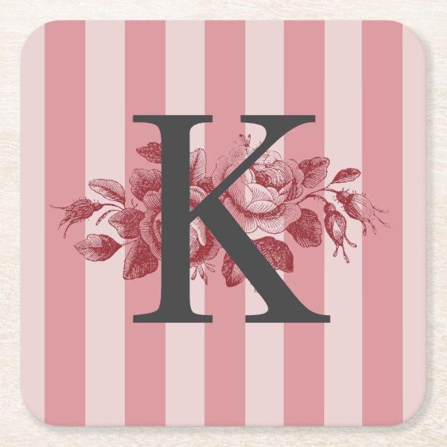 Anpassningsbar monogram rosa ränder kålrosor underlägg papper kvadrat (Framsidan)