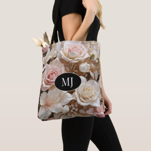 Anpassningsbar Monogram Rosa Vit ros Blommigt Tote Tygkasse