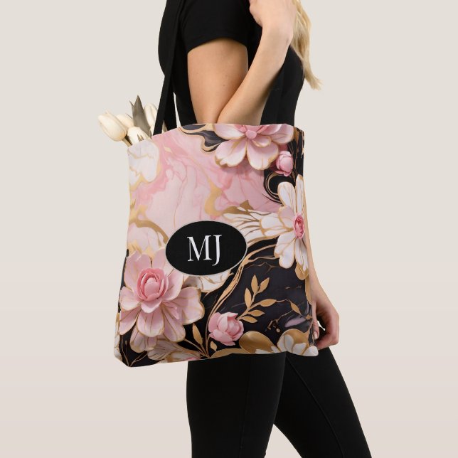 Anpassningsbar Monogram Rosa White Guld Blommigt T Tygkasse (Närbild)