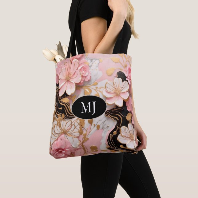 Anpassningsbar Monogram Rosa White Guld Blommigt T Tygkasse (Närbild)