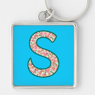 Anpassningsbar Monogram S Keychain, Ditsy-Blommöns Fyrkantig Silverfärgad Nyckelring