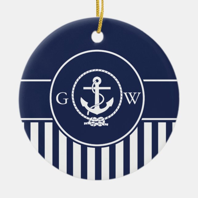 Anpassningsbar Monogram stripe Nautical Anchor and Julgransprydnad Keramik (Framsidan)