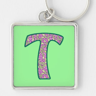 Anpassningsbar Monogram T Keychain, Ditsy-Blommöns Fyrkantig Silverfärgad Nyckelring