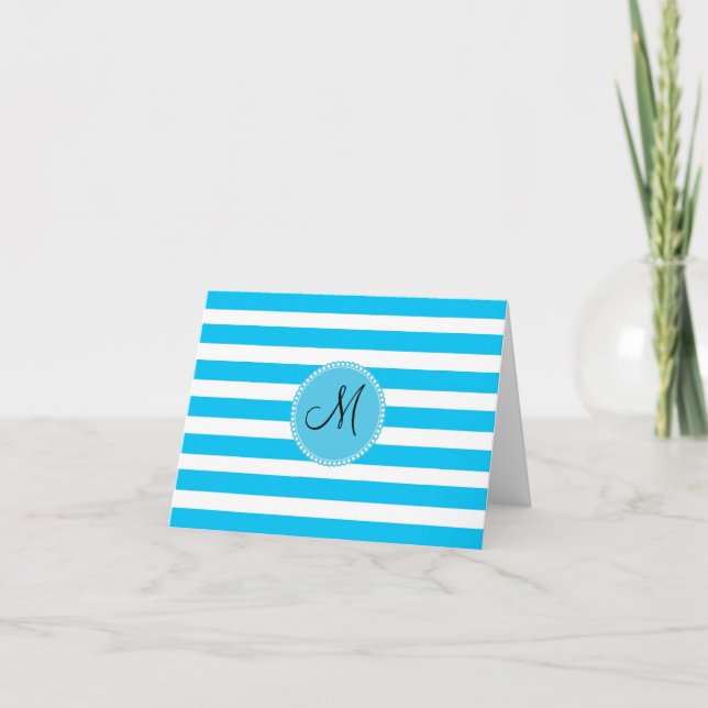 Anpassningsbar Monogram Teal Blue och White Stripe Anteckningskort (Framsida)