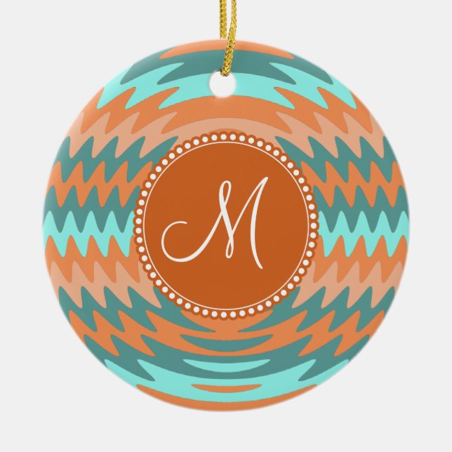 Anpassningsbar Monogram Tribal Coral Aqua Ripples  Julgransprydnad Keramik (Framsidan)
