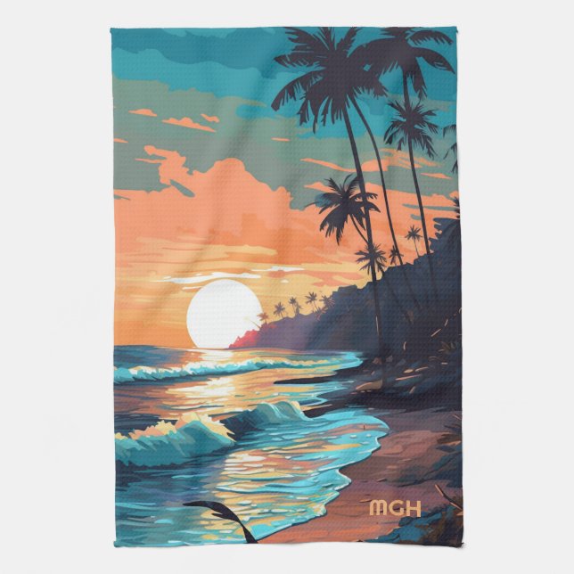 Anpassningsbar Monogram Tropical Beach Sunset Kökshandduk (Vertikal)
