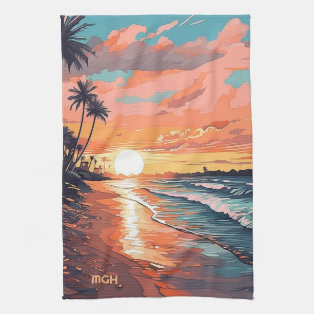 Anpassningsbar Monogram Tropical Beach Sunset Kökshandduk (Vertikal)