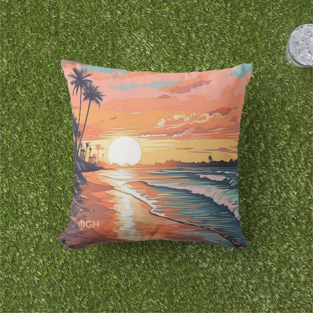 Anpassningsbar Monogram Tropical Beach Sunset Kudde (Gräs)