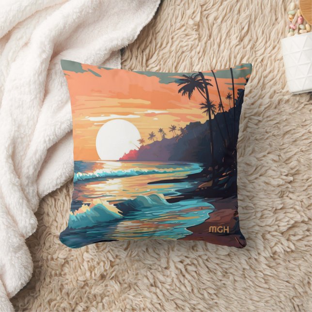 Anpassningsbar Monogram Tropical Beach Sunset Kudde (Filt)