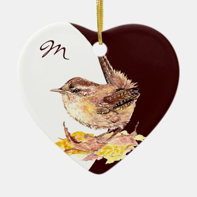 Anpassningsbar Monogram - vattenfärg Wren Bird Julgransprydnad Keramik (Framsidan)