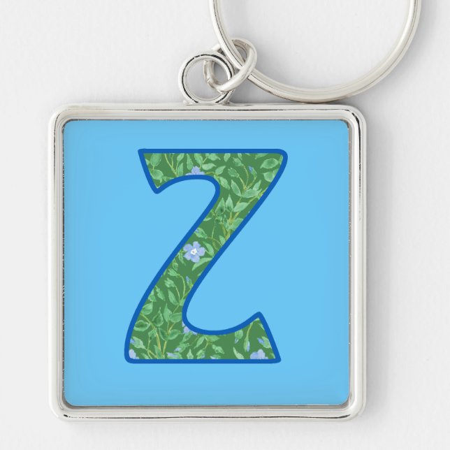 Anpassningsbar Monogram Z Keychain, Ditsy-Blommöns Fyrkantig Silverfärgad Nyckelring (Framsidan)