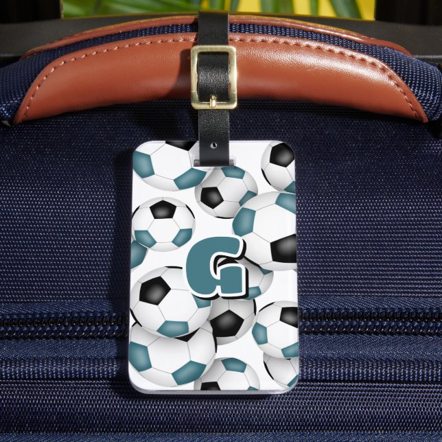 anpassningsbar monogrammade idrottare tealsoccer bagagebricka (Framsida Insitu 2)