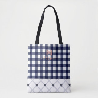 Anpassningsbar Monogrammed Blue Checkered Tote Tygkasse
