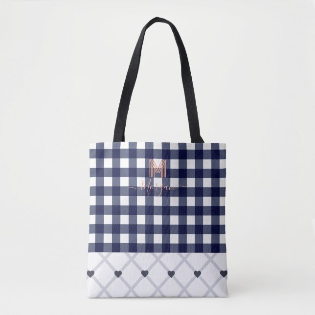 Anpassningsbar Monogrammed Blue Checkered Tote Tygkasse (Framsida)