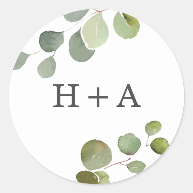 Anpassningsbar Monogrammed Eucalyptus Bröllop Stic Runt Klistermärke (Framsida)
