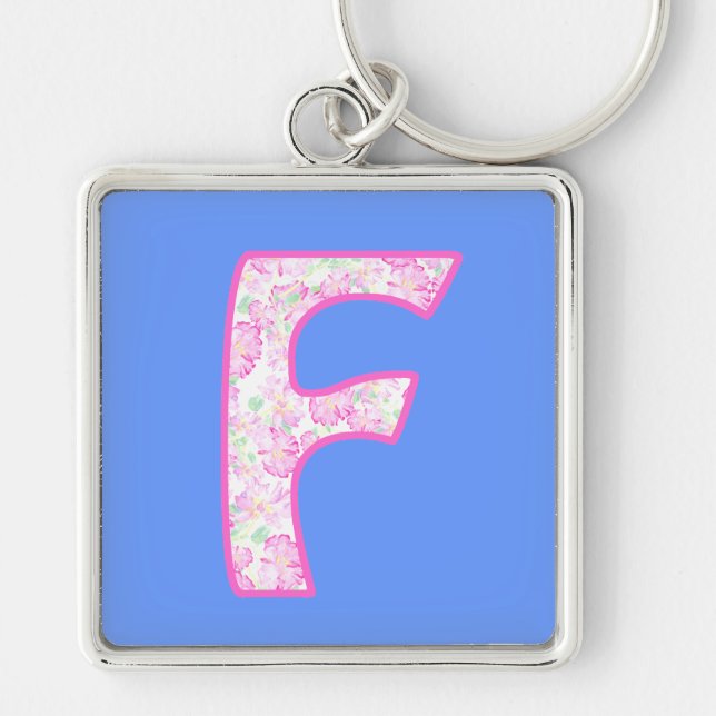 Anpassningsbar Monogrammed F Keychain, Rosa ros Mö Fyrkantig Silverfärgad Nyckelring (Framsidan)