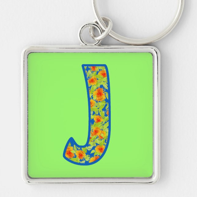 Anpassningsbar Monogrammed J Keychain, Marigolds M Fyrkantig Silverfärgad Nyckelring (Framsidan)