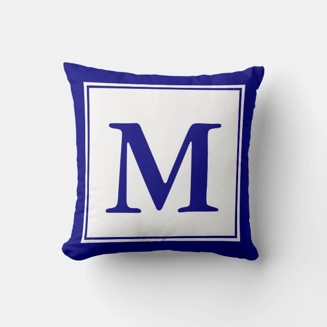 Anpassningsbar Monogrammed marin blå och vit Kudde (Framsida)
