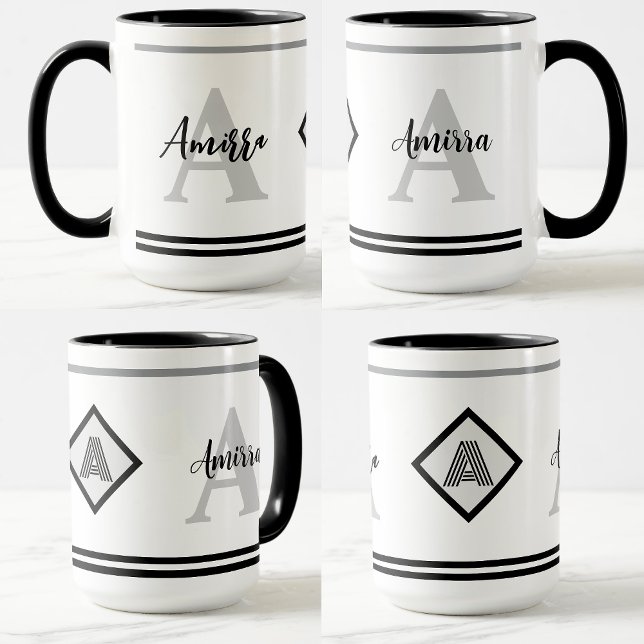 Anpassningsbar Monogrammed Mugg med Namn och inled (Black gray white coffee cup)