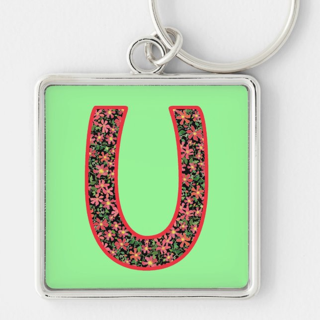 Anpassningsbar Monogrammed U Keychain, Clematis Mö Fyrkantig Silverfärgad Nyckelring (Framsidan)