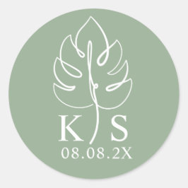 Anpassningsbar Monstera Monogram Bröllop Logotyp Runt Klistermärke