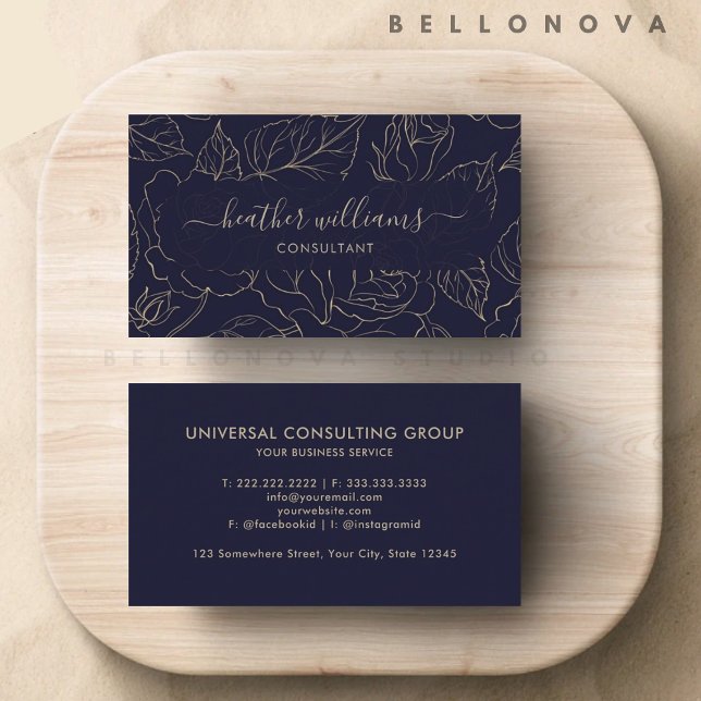 Anpassningsbar Mörk Blå Guld Flower Professionell Visitkort (Custom Dark Navy Blue Gold Flower Professional Business Card)