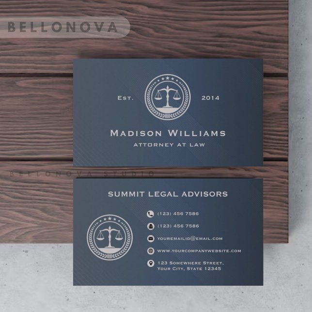 Anpassningsbar Mörk blått Grått Monogram Law Offic Visitkort (Custom Dark Blue Grey Monogram Law Office Business Card)