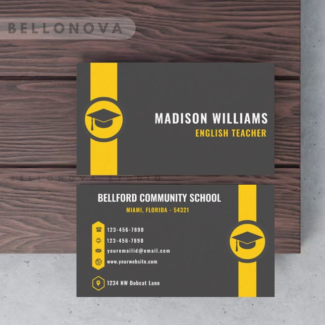Anpassningsbar Mörk Grått Black Gult College-Profe Visitkort (Custom Dark Grey Black Yellow College Professional Business Card)