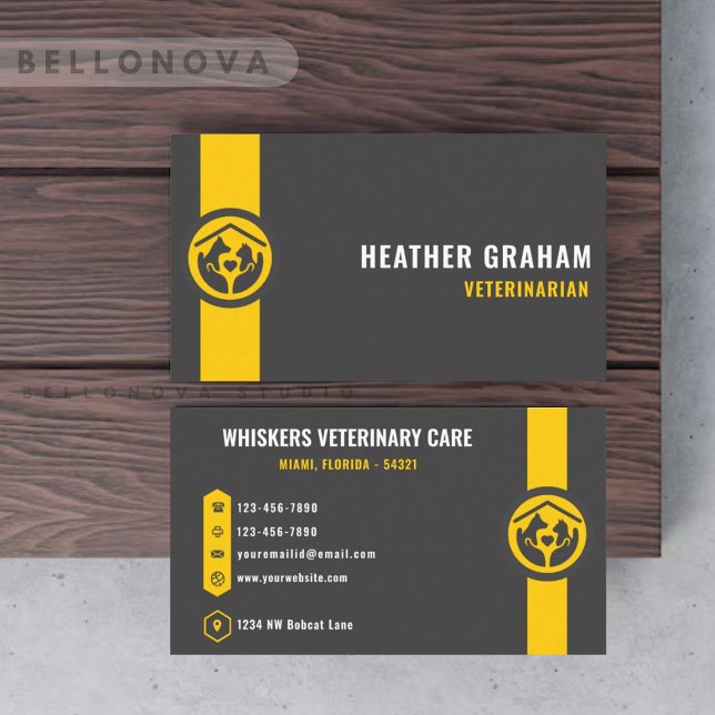 Anpassningsbar Mörk Grått Black Gult Djuromsorga t Visitkort (Custom Dark Grey Black Yellow Pet Care Services Business Card)