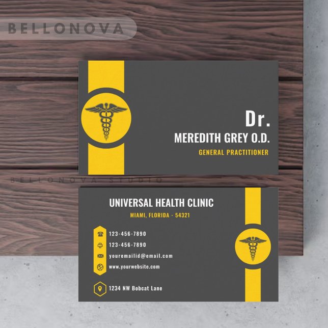 Anpassningsbar Mörk Grått Black Gult Doktor Finare Visitkort (Custom Dark Grey Black Yellow Doctor Fancy Business Card)