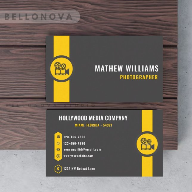 Anpassningsbar Mörk Grått Black Gult Kreativ & Med Visitkort (Custom Dark Grey Black Yellow Creative & Media Business Card)