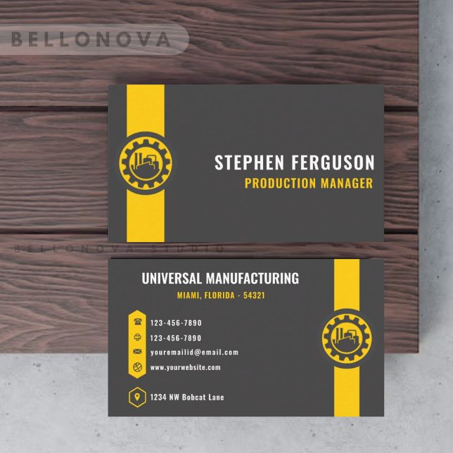 Anpassningsbar Mörk Grått Black Gult Manufacturing Visitkort (Custom Dark Grey Black Yellow Manufacturing Business Card)